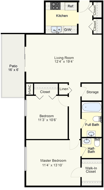 Floor plan for 2 beds, 1.5 baths, 921 sqft